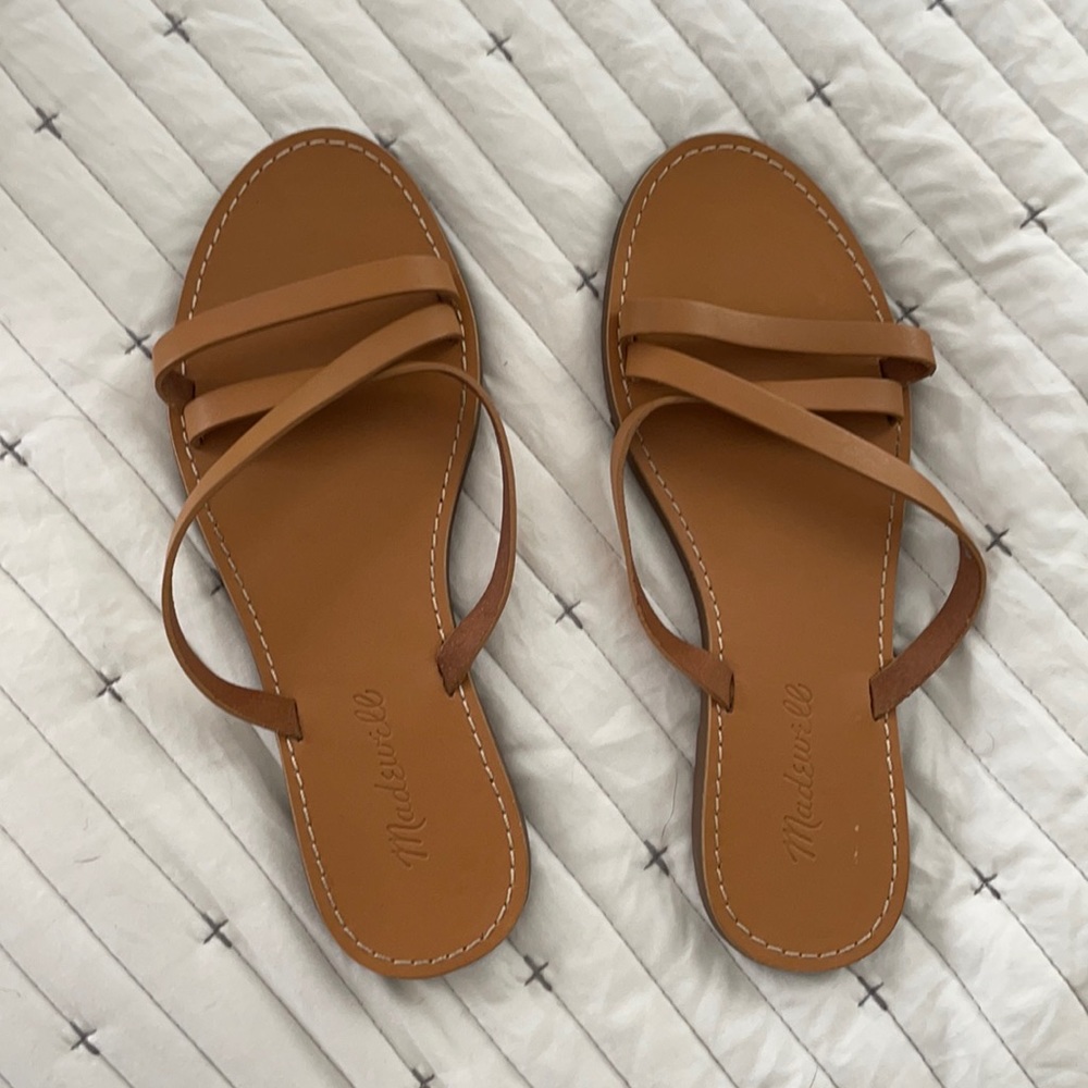 Madewell tan boardwalk strappy slide sandals
